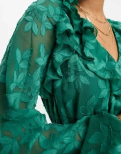 ASOS DESIGN Tall - Vestito Midi A Pieghe Jacquard Dévoré A Fiori Verde Scuro Con Volant Sul Collo E Apertura Sulla Schiena -Vendite ASOS Maternity || RIVER ISLAND || Monki 203755612 3