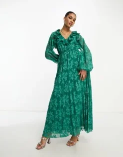 ASOS DESIGN Tall - Vestito Midi A Pieghe Jacquard Dévoré A Fiori Verde Scuro Con Volant Sul Collo E Apertura Sulla Schiena -Vendite ASOS Maternity || RIVER ISLAND || Monki 203755612 4