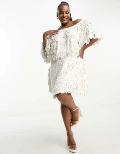 ASOS DESIGN Curve - Vestito Corto Bianco Con Spalle Scoperte E Decorazione Con Piume -Vendite ASOS Maternity || RIVER ISLAND || Monki 203758721 4