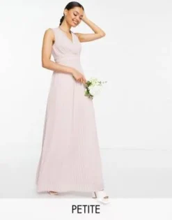 TFNC Petite - Vestito Lungo Da Damigella Rosa Visone Con Fascia In Vita A Pieghe