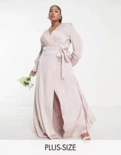 TFNC Plus - Vestito Lungo Da Damigella In Raso A Maniche Lunghe Rosa Visone