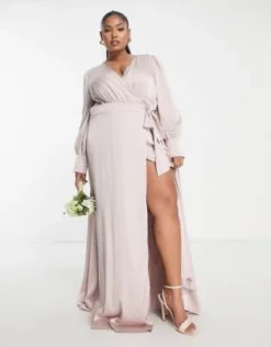 TFNC Plus - Vestito Lungo Da Damigella In Raso A Maniche Lunghe Rosa Visone -Vendite ASOS Maternity || RIVER ISLAND || Monki 203775034 4