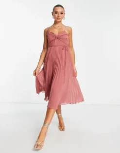 ASOS DESIGN - Vestito Midi Rosa A Pieghe Incrociato Sul Davanti Con Spalline Sottili E Cintura