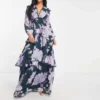 ASOS DESIGN Petite - Vestito Lungo A Maniche Lunghe Nero E Fiori Lilla Decorato Con Finiture A Cerchio