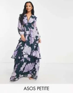 ASOS DESIGN Petite - Vestito Lungo A Maniche Lunghe Nero E Fiori Lilla Decorato Con Finiture A Cerchio