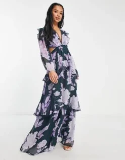 ASOS DESIGN Petite - Vestito Lungo A Maniche Lunghe Nero E Fiori Lilla Decorato Con Finiture A Cerchio -Vendite ASOS Maternity || RIVER ISLAND || Monki 203791370 4