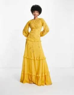 ASOS DESIGN Tall - Vestito Lungo A Balze Decorato Color Senape Con Ricami Di Germogli Selvatici -Vendite ASOS Maternity || RIVER ISLAND || Monki 203791380 4