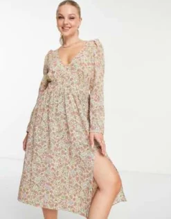 Monki - Vestito Da Giorno Midi A Maniche Lunghe A Fiori Rosa