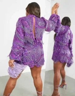 ASOS EDITION Curve - Vestito Corto Viola Con Frange, Perline, Paillettes E Maniche A Campana -Vendite ASOS Maternity || RIVER ISLAND || Monki 203813839 2