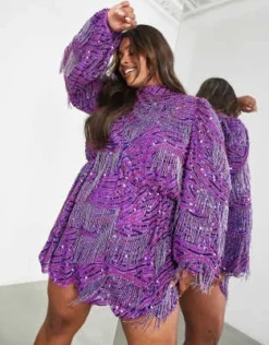 ASOS EDITION Curve - Vestito Corto Viola Con Frange, Perline, Paillettes E Maniche A Campana -Vendite ASOS Maternity || RIVER ISLAND || Monki 203813839 4