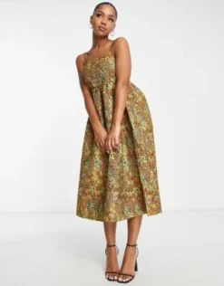 PIECES - Vestito Midi Premium Stile Babydoll Jacquard A Fiori Arancioni