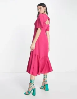 Whistles - Vestito Midi Con Maniche Con Volant In Raso Martellato Rosa Vivo