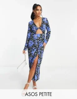 ASOS DESIGN Petite - Vestito Da Giorno Midi Blu A Fiori Con Cut-out Incrociato