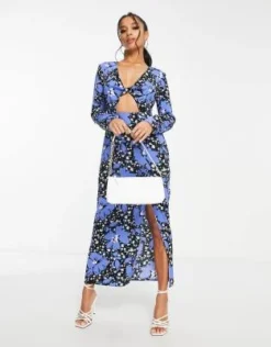 ASOS DESIGN Petite - Vestito Da Giorno Midi Blu A Fiori Con Cut-out Incrociato -Vendite ASOS Maternity || RIVER ISLAND || Monki 203822591 4