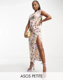 ASOS DESIGN Petite - Vestito Da Giorno Midi In Raso Con Stampa Vivace A Fiori E Bottoni Laterali