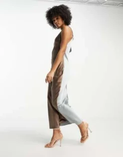 ASOS DESIGN Tall - Vestito Sottoveste Midi In Raso Color Block Color Moka E Grigio Con Retro Elasticizzato -Vendite ASOS Maternity || RIVER ISLAND || Monki 203822911 4