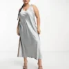ASOS DESIGN - Vestito Sottoveste Midi In Raso Grigio E Moka Color Block Con Retro Elasticizzato