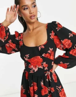 ASOS DESIGN Petite - Vestito Da Giorno Babydoll Stretto In Vita Con Stampa Di Rose -Vendite ASOS Maternity || RIVER ISLAND || Monki 203824732 3