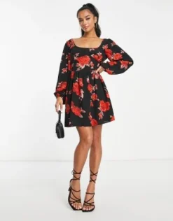 ASOS DESIGN Petite - Vestito Da Giorno Babydoll Stretto In Vita Con Stampa Di Rose -Vendite ASOS Maternity || RIVER ISLAND || Monki 203824732 4