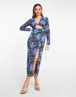 ASOS DESIGN - Vestito Midi Da Giorno Incrociato Blu A Fiori Con Cut-out