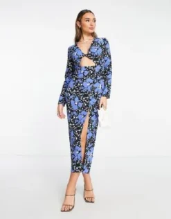 ASOS DESIGN - Vestito Midi Da Giorno Incrociato Blu A Fiori Con Cut-out -Vendite ASOS Maternity || RIVER ISLAND || Monki 203825778 4