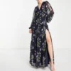 ASOS DESIGN Tall - Vestito Lungo Blu Navy A Fiori Con Bottoni E Pinces