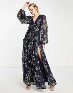 ASOS DESIGN Tall - Vestito Lungo Blu Navy A Fiori Con Bottoni E Pinces -Vendite ASOS Maternity || RIVER ISLAND || Monki 203826074 4