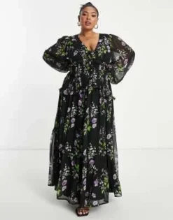ASOS DESIGN Curve - Vestito Lungo Nero A Fiori Con Bottoni E Pinces