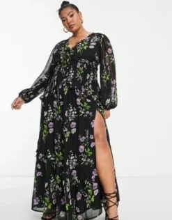 ASOS DESIGN Curve - Vestito Lungo Nero A Fiori Con Bottoni E Pinces -Vendite ASOS Maternity || RIVER ISLAND || Monki 203826110 4