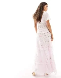 ASOS DESIGN Petite - Vestito Lungo Da Damigella Avvolgente Con Maniche Con Volant Rosa Chiaro Con Ricami E Decorazioni -Vendite ASOS Maternity || RIVER ISLAND || Monki 203836768 3