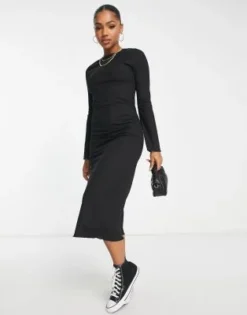 New Look - Vestito Midi Nero A Coste Con Maniche Svasate E Fondo Ondulato -Vendite ASOS Maternity || RIVER ISLAND || Monki 203837255 3