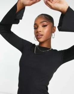 New Look - Vestito Midi Nero A Coste Con Maniche Svasate E Fondo Ondulato -Vendite ASOS Maternity || RIVER ISLAND || Monki 203837255 4