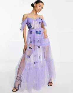 Esclusiva Lace & Beads Petite - Vestito A Corsetto Lilla Trasparente Con Ricamo Di Farfalle In 3D -Vendite ASOS Maternity || RIVER ISLAND || Monki 203837357 4