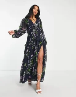 ASOS DESIGN Petite - Vestito Lungo Blu Navy A Fiori Con Bottoni E Pinces -Vendite ASOS Maternity || RIVER ISLAND || Monki 203848934 4