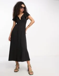 ASOS DESIGN - Vestito Da Giorno Midi Nero Con Bottoni E Maniche Con Volant