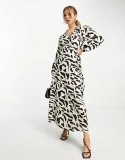 ASOS DESIGN - Vestito Midi A Portafoglio Monocromatico Con Colletto E Stampa Astratta