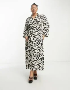 ASOS DESIGN Curve - Vestito Midi A Portafoglio Con Colletto Con Stampa Astratta Monocromatica -Vendite ASOS Maternity || RIVER ISLAND || Monki 203862817 4