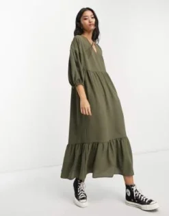 ASOS DESIGN - Vestito Grembiule Midi Kaki