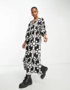 ASOS DESIGN - Vestito Grembiule Midi Con Stampa Astratta Monocromatica