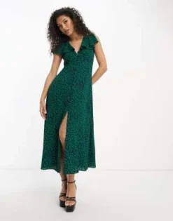 ASOS DESIGN - Vestito Da Giorno Midi Con Maniche Con Volant E Bottoni Verde Animalier