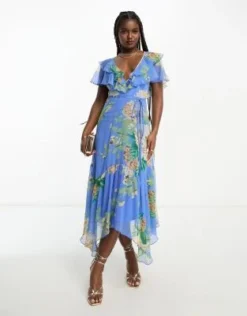 ASOS DESIGN - Vestito Midi Blu A Fiori Con Scollo A V Sul Davanti E Sul Retro, Cintura Allacciata E Volant Sul Fondo E Sulle Maniche