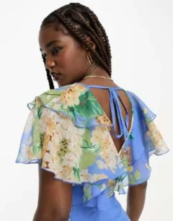 ASOS DESIGN - Vestito Midi Blu A Fiori Con Scollo A V Sul Davanti E Sul Retro, Cintura Allacciata E Volant Sul Fondo E Sulle Maniche -Vendite ASOS Maternity || RIVER ISLAND || Monki 203871343 3