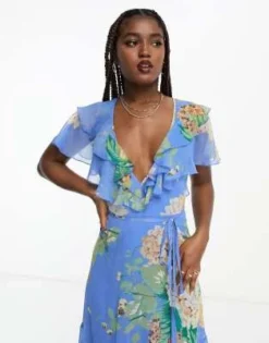 ASOS DESIGN - Vestito Midi Blu A Fiori Con Scollo A V Sul Davanti E Sul Retro, Cintura Allacciata E Volant Sul Fondo E Sulle Maniche -Vendite ASOS Maternity || RIVER ISLAND || Monki 203871343 4