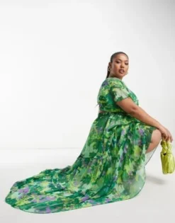 ASOS DESIGN Curve - Vestito Lungo A Balze Con Scollo Profondo, Cut-out E Maniche Ad Ali Di Pipistrello Con Stampa A Fiori Sfocata -Vendite ASOS Maternity || RIVER ISLAND || Monki 203871399 3