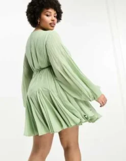 ASOS DESIGN Curve - Vestito Corto Avvolgente Verde Salvia Con Maniche A Palloncino Allacciato In Vita -Vendite ASOS Maternity || RIVER ISLAND || Monki 203871419 3