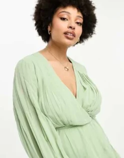 ASOS DESIGN Curve - Vestito Corto Avvolgente Verde Salvia Con Maniche A Palloncino Allacciato In Vita -Vendite ASOS Maternity || RIVER ISLAND || Monki 203871419 4