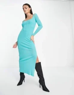 Annorlunda - Vestito Midi Con Dettaglio Corsetto In Rete Color Acqua Marina