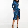 Object - Vestito Midi Blu E Nero Con Stampa E Dettaglio Avvolgente