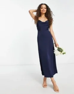 Vila Petite - Vestito Lungo In Raso Blu Navy Con Scollo Ad Anello -Vendite ASOS Maternity || RIVER ISLAND || Monki 203899893 3