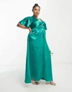 Vila Curve - Vestito Lungo Da Damigella In Raso Verde Smeraldo Con Maniche Con Volant -Vendite ASOS Maternity || RIVER ISLAND || Monki 203899935 4